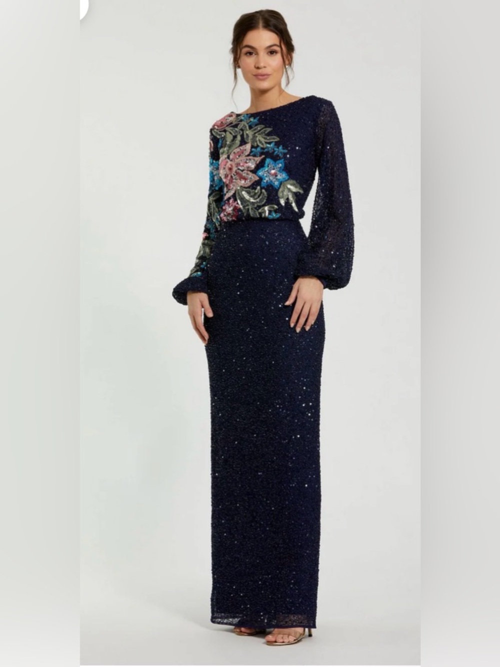 Mac Duggal Embellished Navy Floral Sequin Long Sleeve Evening Dress